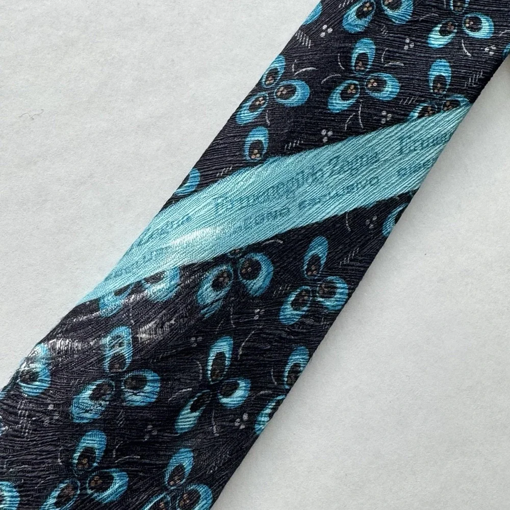 Ermenegildo Zegna Tie Men's Black Teal Geometric Floral Silk Designer Necktie